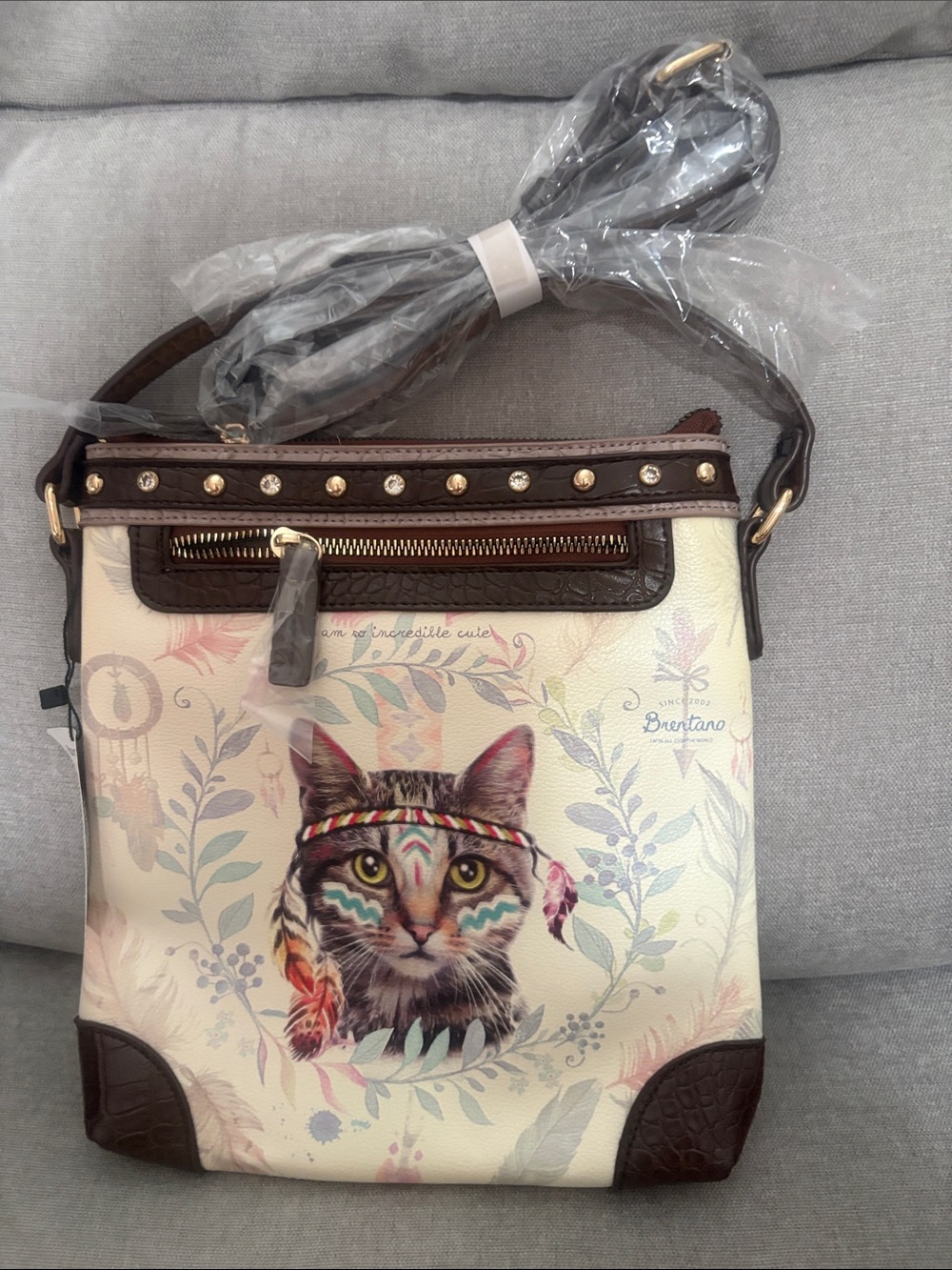 Cream Cat Print Crossbody Bag with Brown Trim